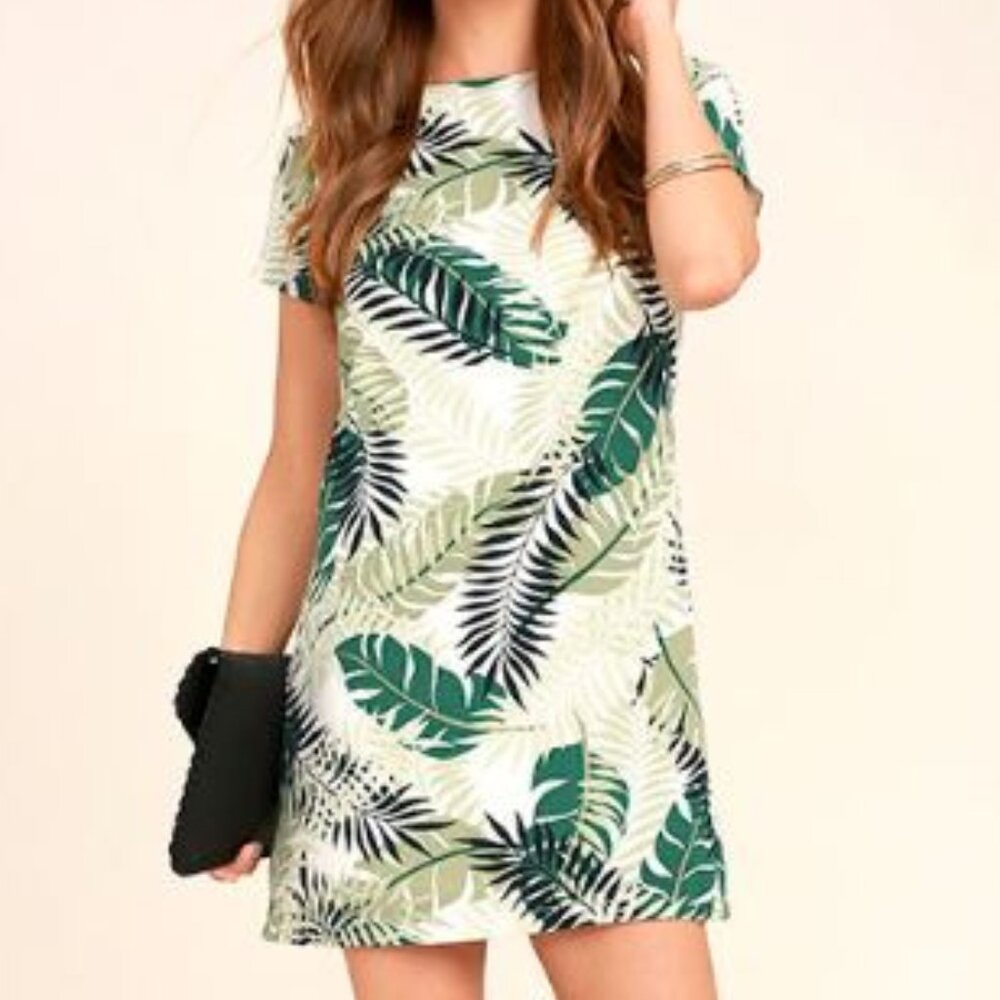 NEW! Lulu's Give Me a Print Ivory and Green Print Shift Dress
